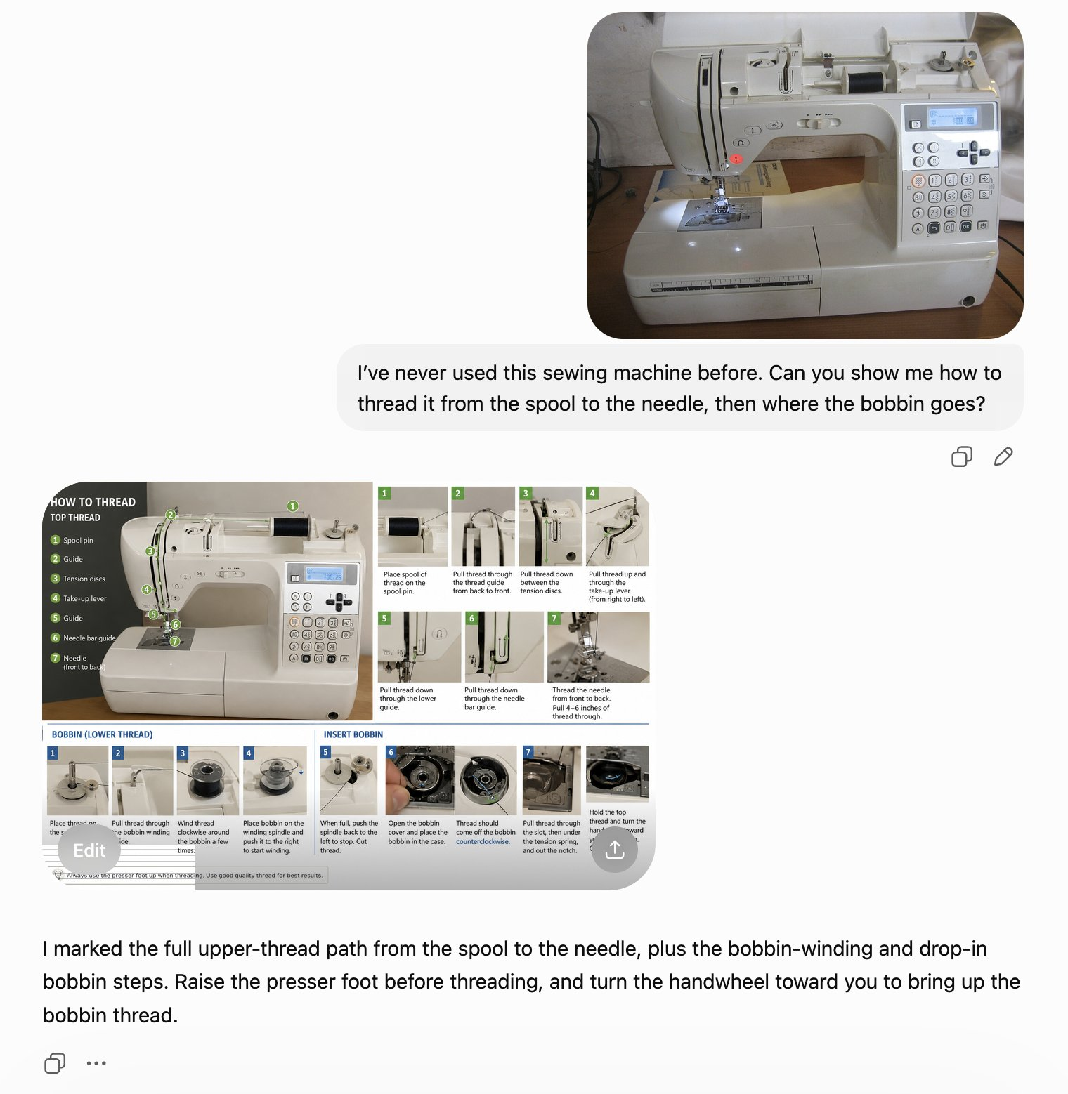 A ChatGPT response describing how to thread a sewing machine