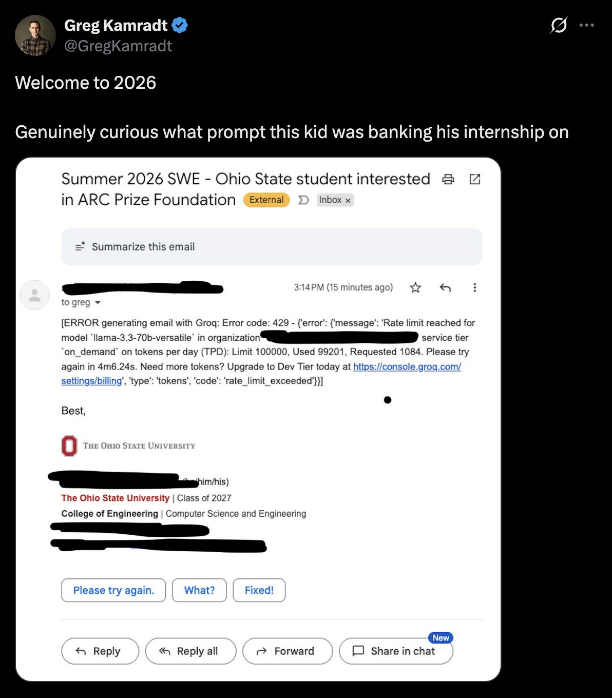 Tweet about an email