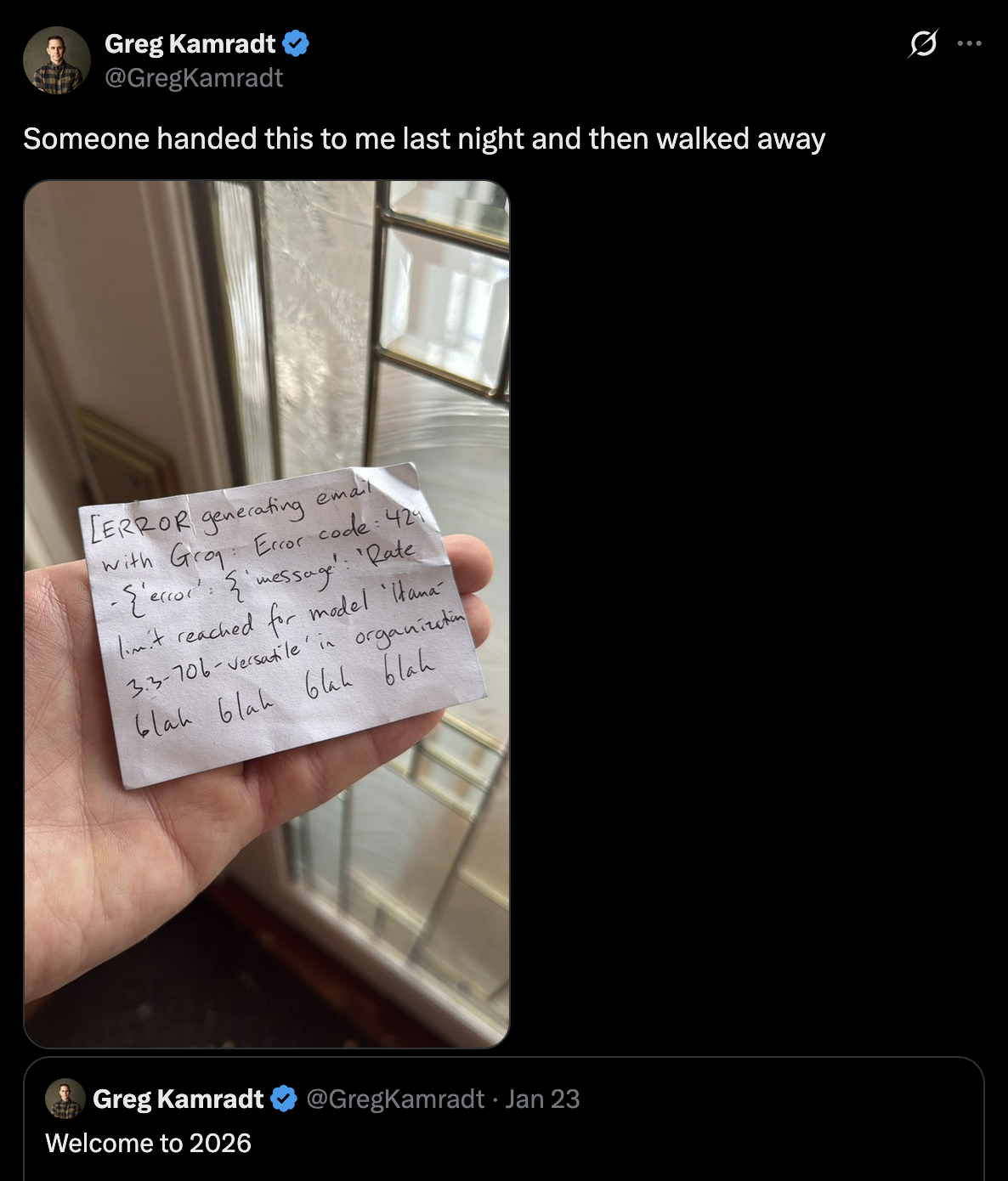 Tweet about a handwritten note